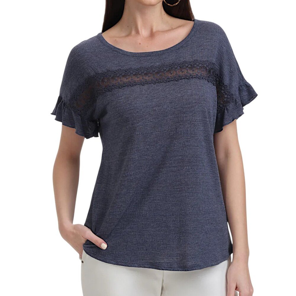 89th & Madison Denim Blue Ruffle Sleeve Trim Top Women's Size M